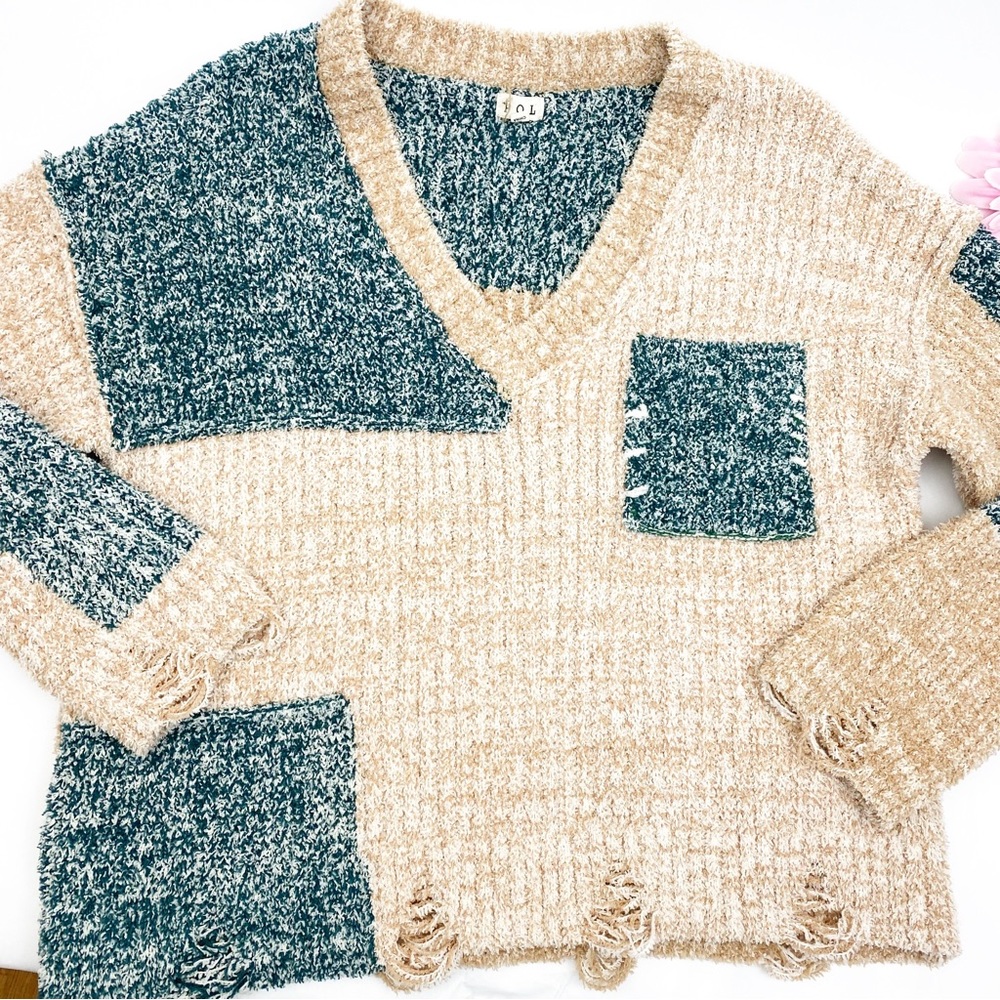 Pol Camille V Neck Patchwork Colorblock Distresse… - image 6